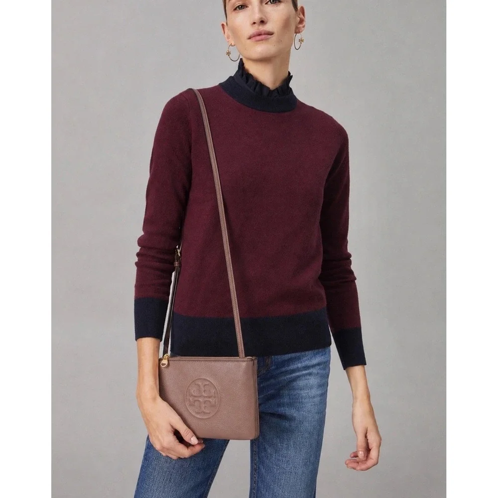 Tory Burch Perry Bombe Double Zip Brown Leather Crossbody Purse Bag